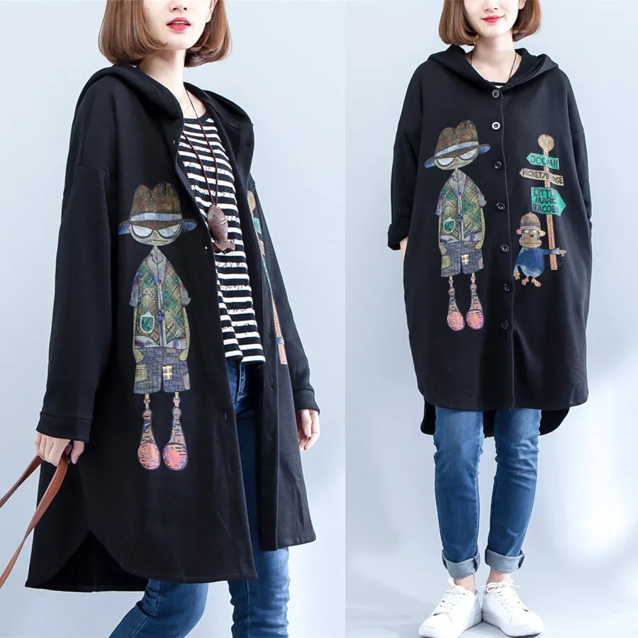 2025 autumn black print cotton coats plus size low high hooded trench coats