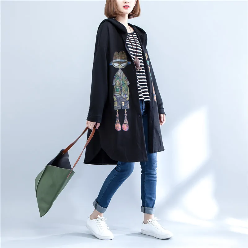 2025 autumn black print cotton coats plus size low high hooded trench coats