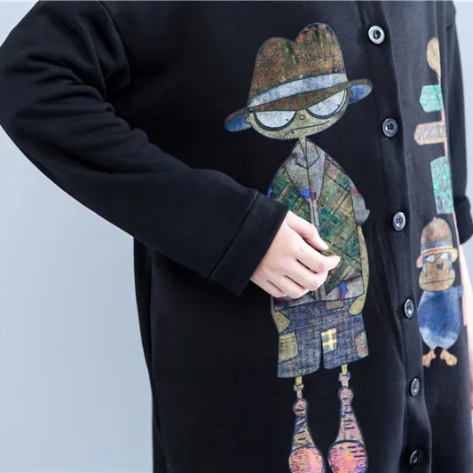 2025 autumn black print cotton coats plus size low high hooded trench coats