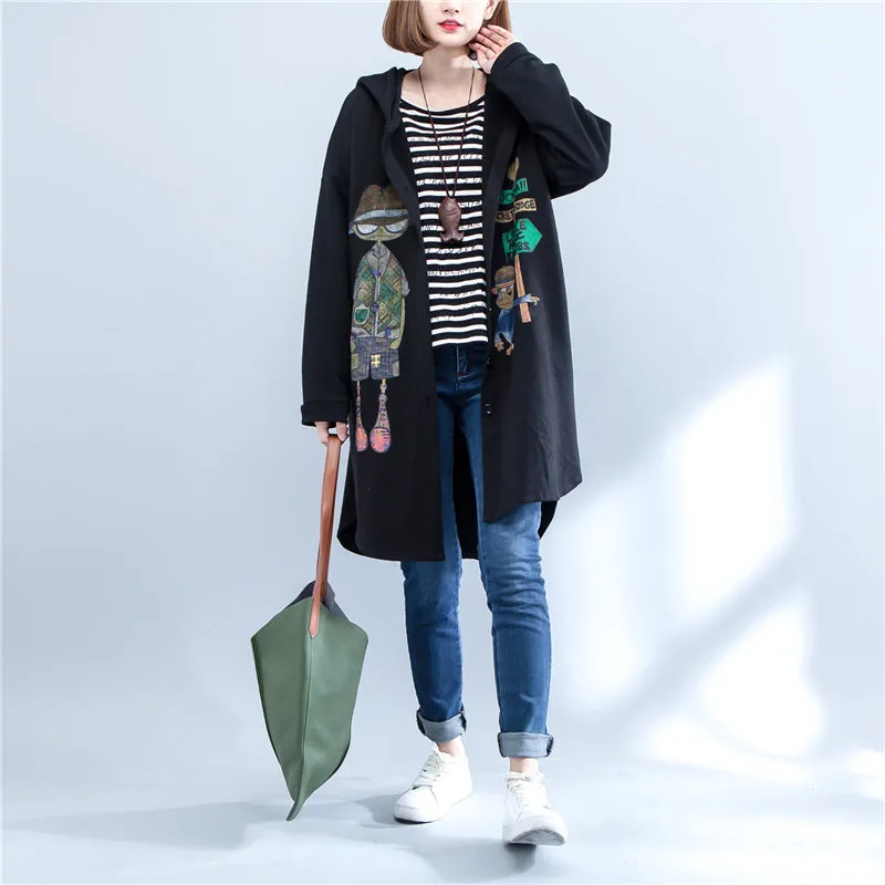 2025 autumn black print cotton coats plus size low high hooded trench coats