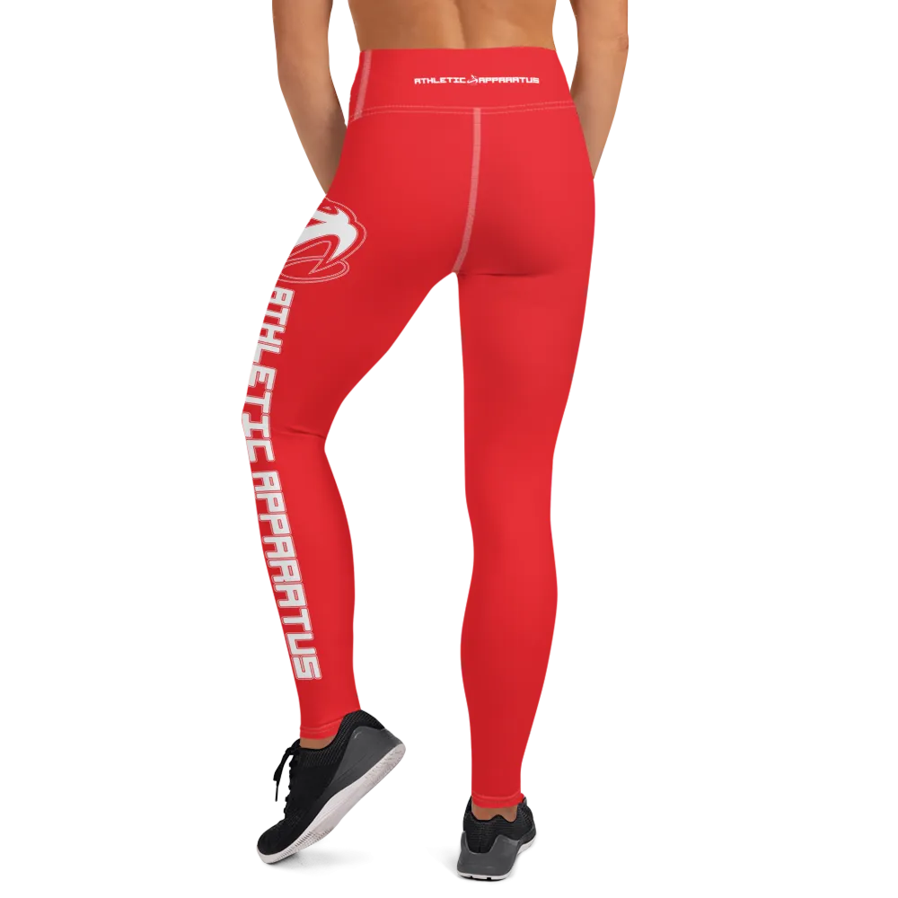 Athletic Apparatus Red 1 White Logo White stitch Yoga Leggings