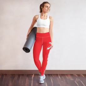 Athletic Apparatus Red 1 White Logo White stitch Yoga Leggings