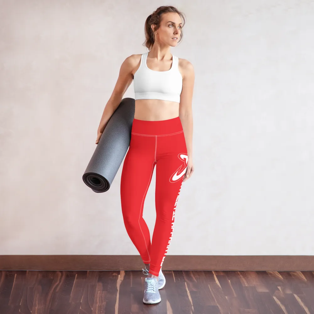 Athletic Apparatus Red 1 White Logo White stitch Yoga Leggings