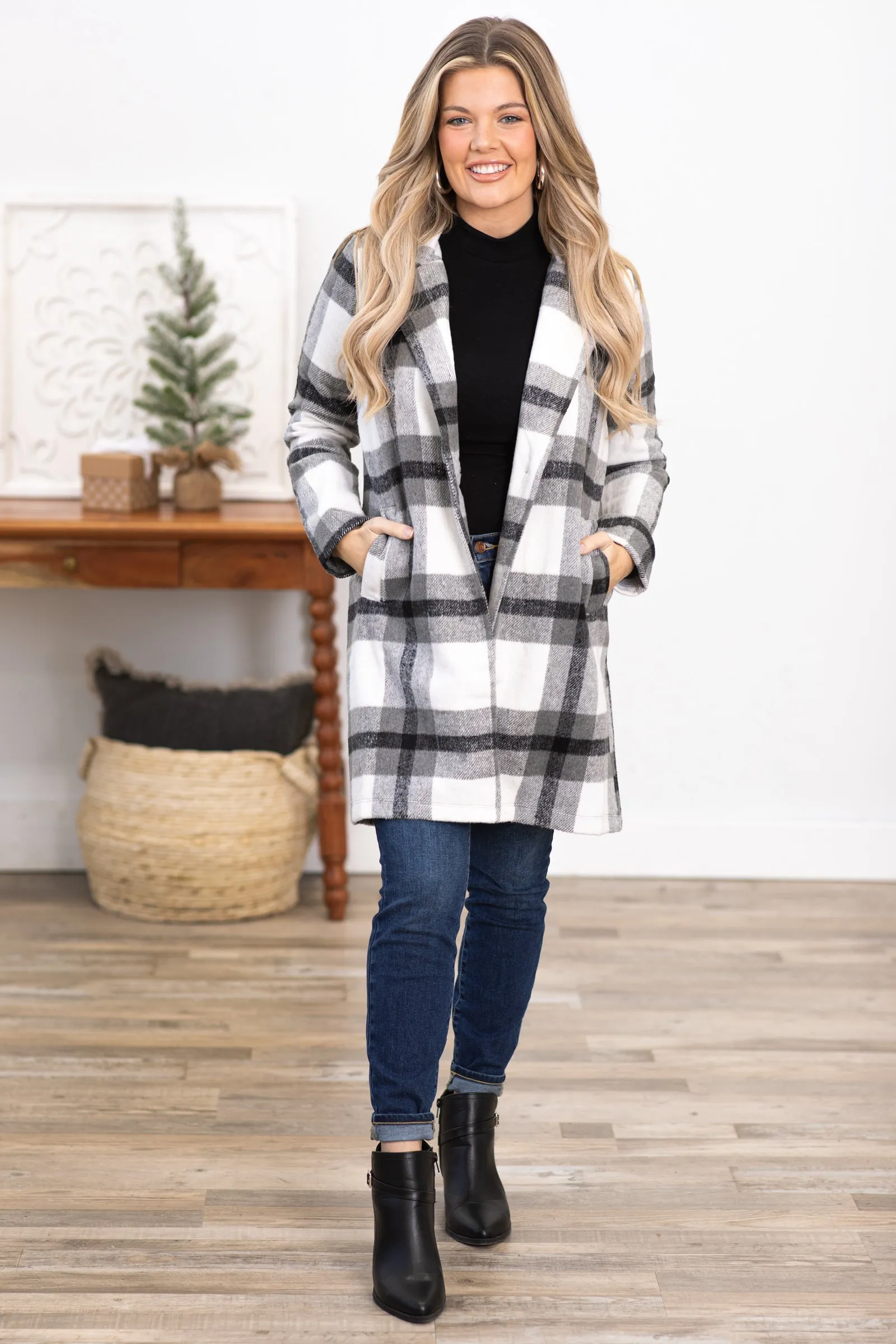 Black and White Plaid Single Breasted Jacket