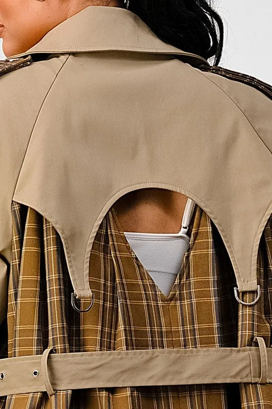 Bliss Plaid  Khaki Contrast Trench Coat