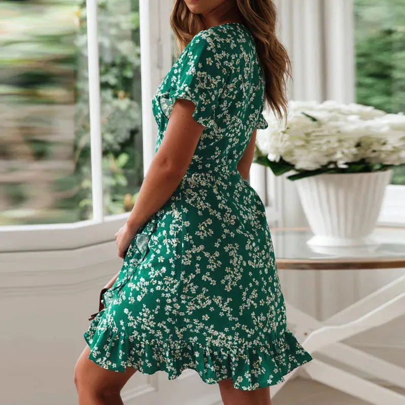 Boho Floral Print Ruffles Summer Sexy V Neck Short Sleeve A Line Chiffon Beach Vacation Mini Dress