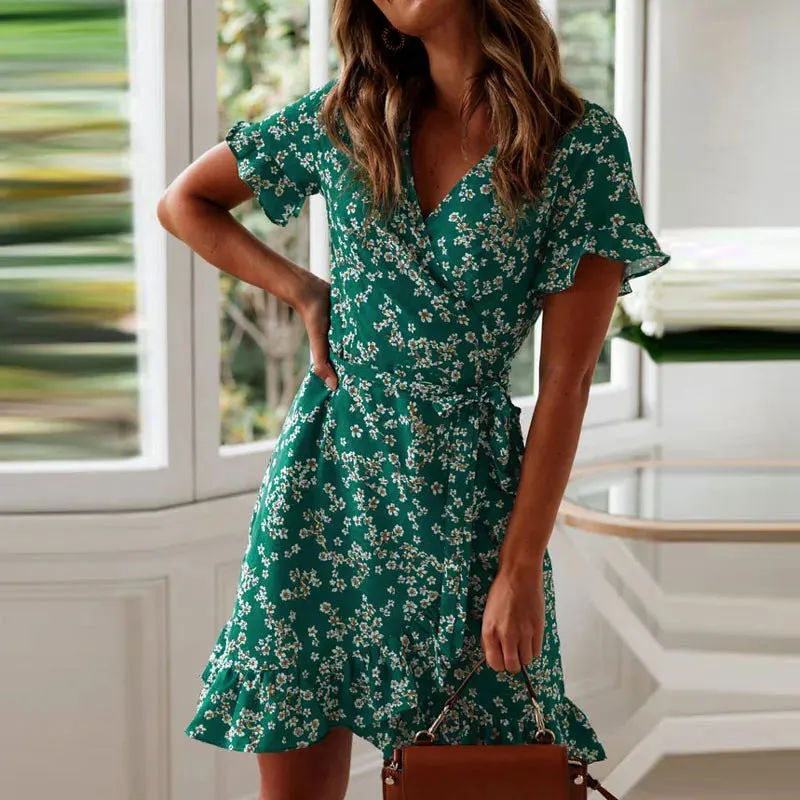 Boho Floral Print Ruffles Summer Sexy V Neck Short Sleeve A Line Chiffon Beach Vacation Mini Dress