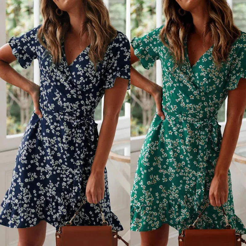 Boho Floral Print Ruffles Summer Sexy V Neck Short Sleeve A Line Chiffon Beach Vacation Mini Dress