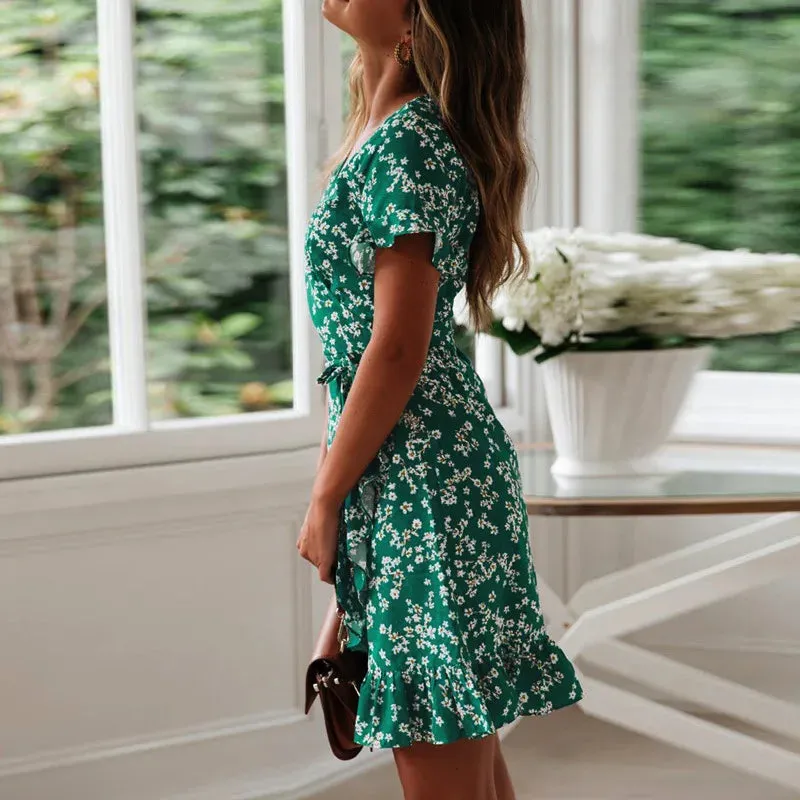 Boho Floral Print Ruffles Summer Sexy V Neck Short Sleeve A Line Chiffon Beach Vacation Mini Dress