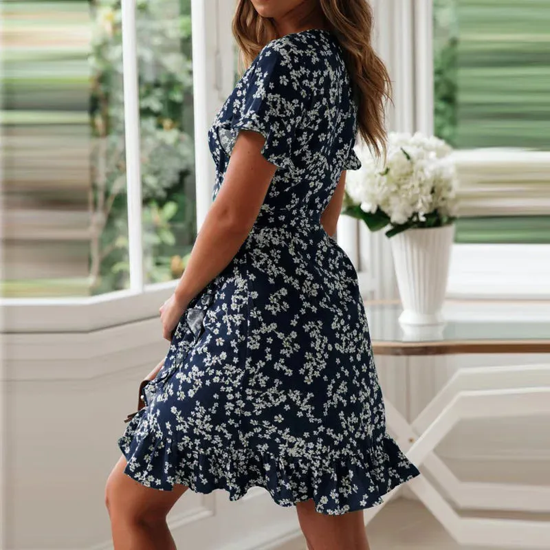 Boho Floral Print Ruffles Summer Sexy V Neck Short Sleeve A Line Chiffon Beach Vacation Mini Dress
