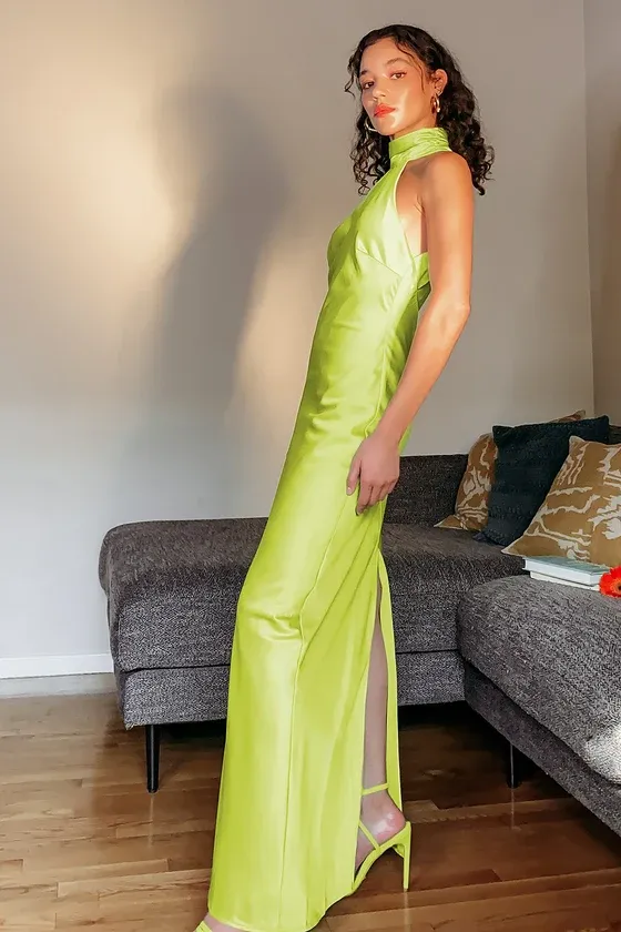 Bravado Chartreuse Satin Halter Backless Maxi Dress