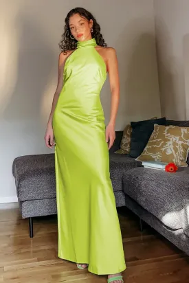 Bravado Chartreuse Satin Halter Backless Maxi Dress