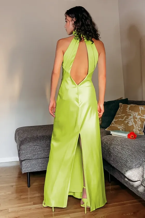 Bravado Chartreuse Satin Halter Backless Maxi Dress