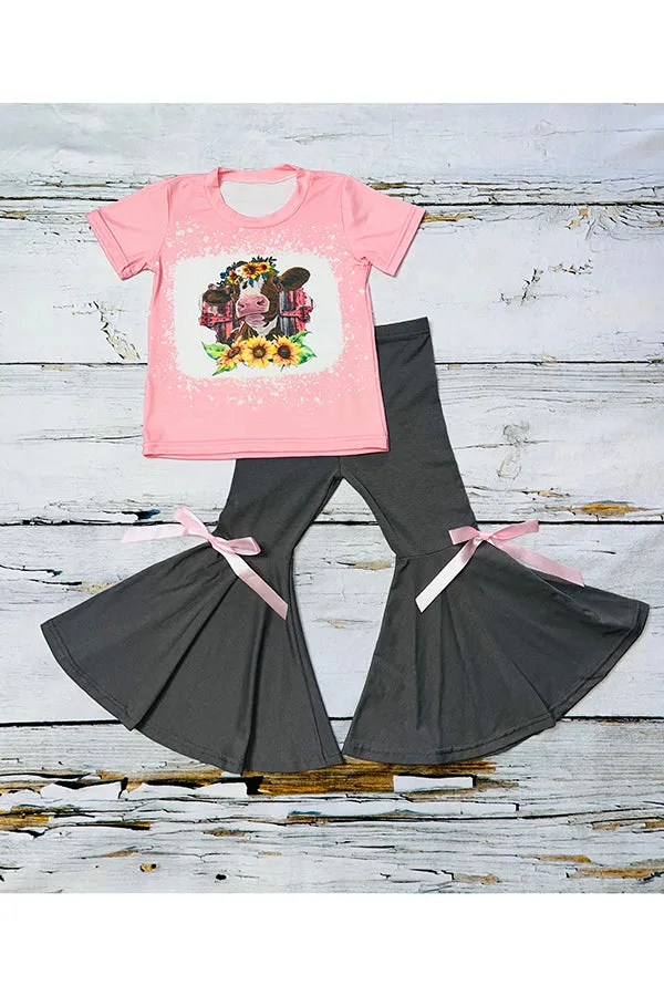 Cow & sunflowers pink top 2pc set DLH0824-21
