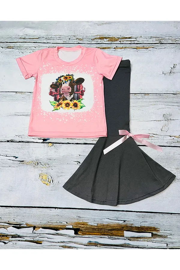 Cow & sunflowers pink top 2pc set DLH0824-21