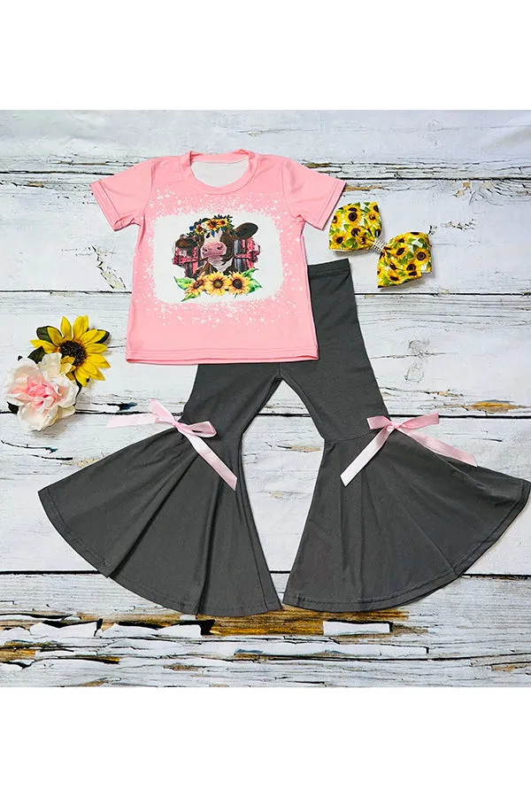 Cow & sunflowers pink top 2pc set DLH0824-21