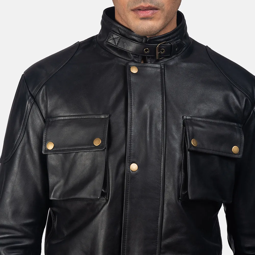 Dolf Black Leather Jacket Up to 5XL