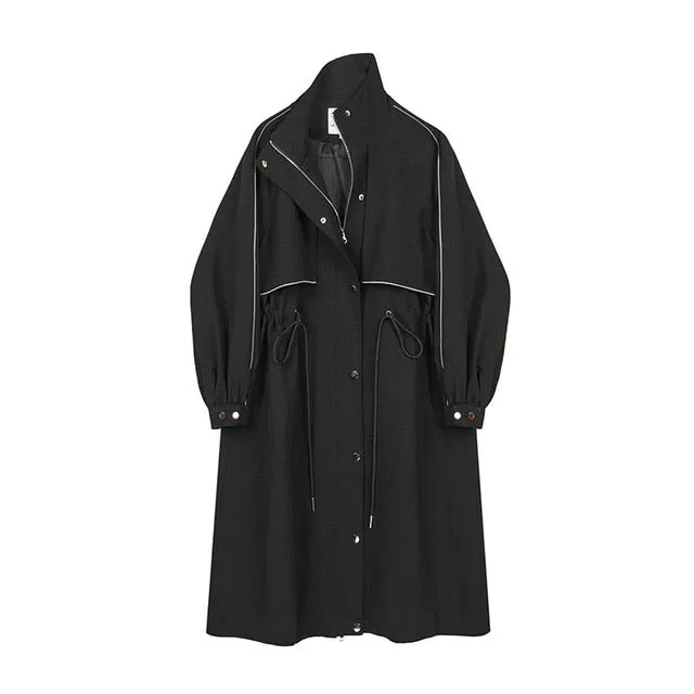 [EAM] Women Black Drawstring Big Size Trench New Lapel Long Sleeve Loose Fit Windbreaker Fashion Tide Spring Autumn 2020 1Y757