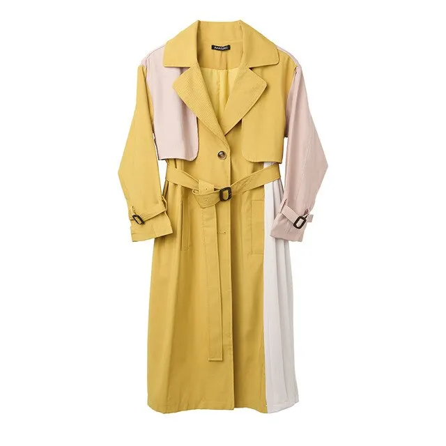 [EAM] Women Pleated Split Big Size Long Trench New Lapel Long Sleeve Loose Fit Windbreaker Fashion Tide Spring 2020 1X77907