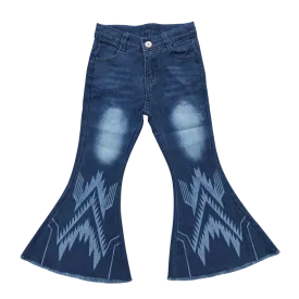 Geometric Pattern Blue Denim Bell Bottoms