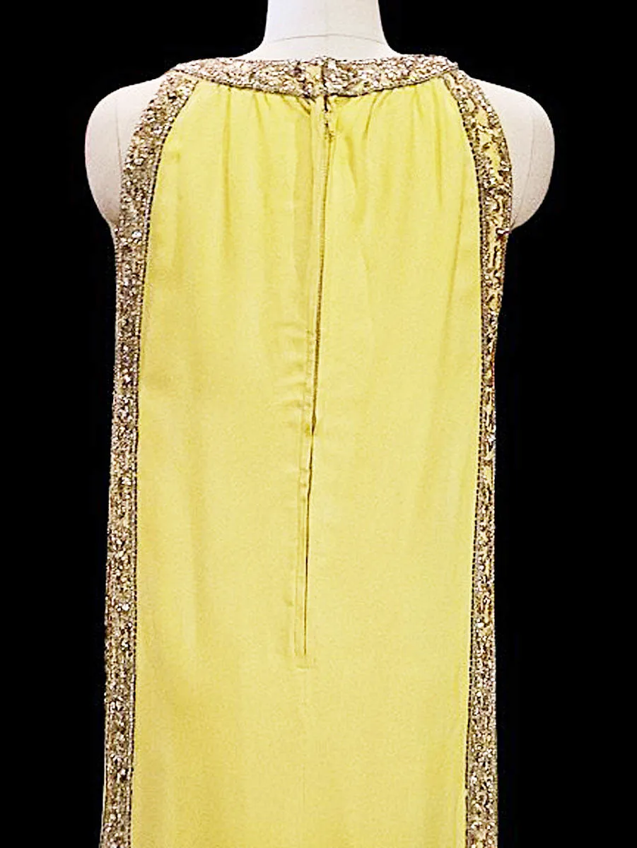 GLAMOROUS 1960 / 1970s NITA CLAIRE GRECIAN EVENING GOWN ENCRUSTED WITH RHINESTONES BEADS SHOT SEQUINS & METAL ZIPPER IN CHARTREUSE