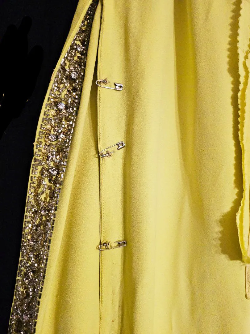 GLAMOROUS 1960 / 1970s NITA CLAIRE GRECIAN EVENING GOWN ENCRUSTED WITH RHINESTONES BEADS SHOT SEQUINS & METAL ZIPPER IN CHARTREUSE