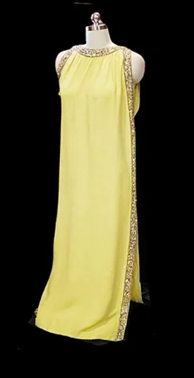 GLAMOROUS 1960 / 1970s NITA CLAIRE GRECIAN EVENING GOWN ENCRUSTED WITH RHINESTONES BEADS SHOT SEQUINS & METAL ZIPPER IN CHARTREUSE