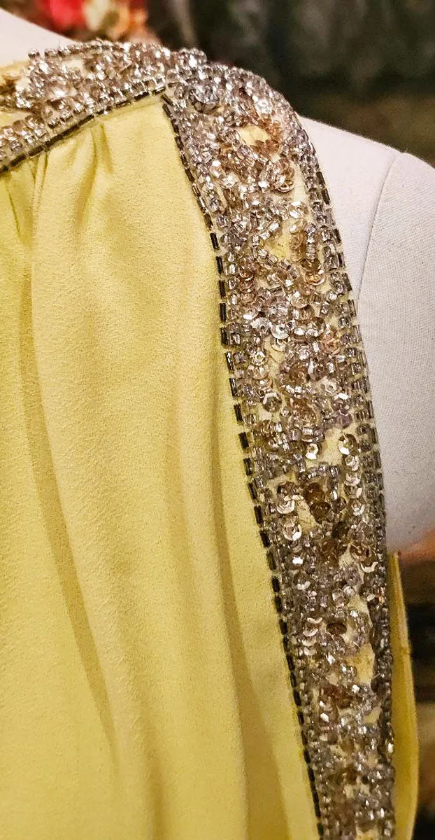 GLAMOROUS 1960 / 1970s NITA CLAIRE GRECIAN EVENING GOWN ENCRUSTED WITH RHINESTONES BEADS SHOT SEQUINS & METAL ZIPPER IN CHARTREUSE