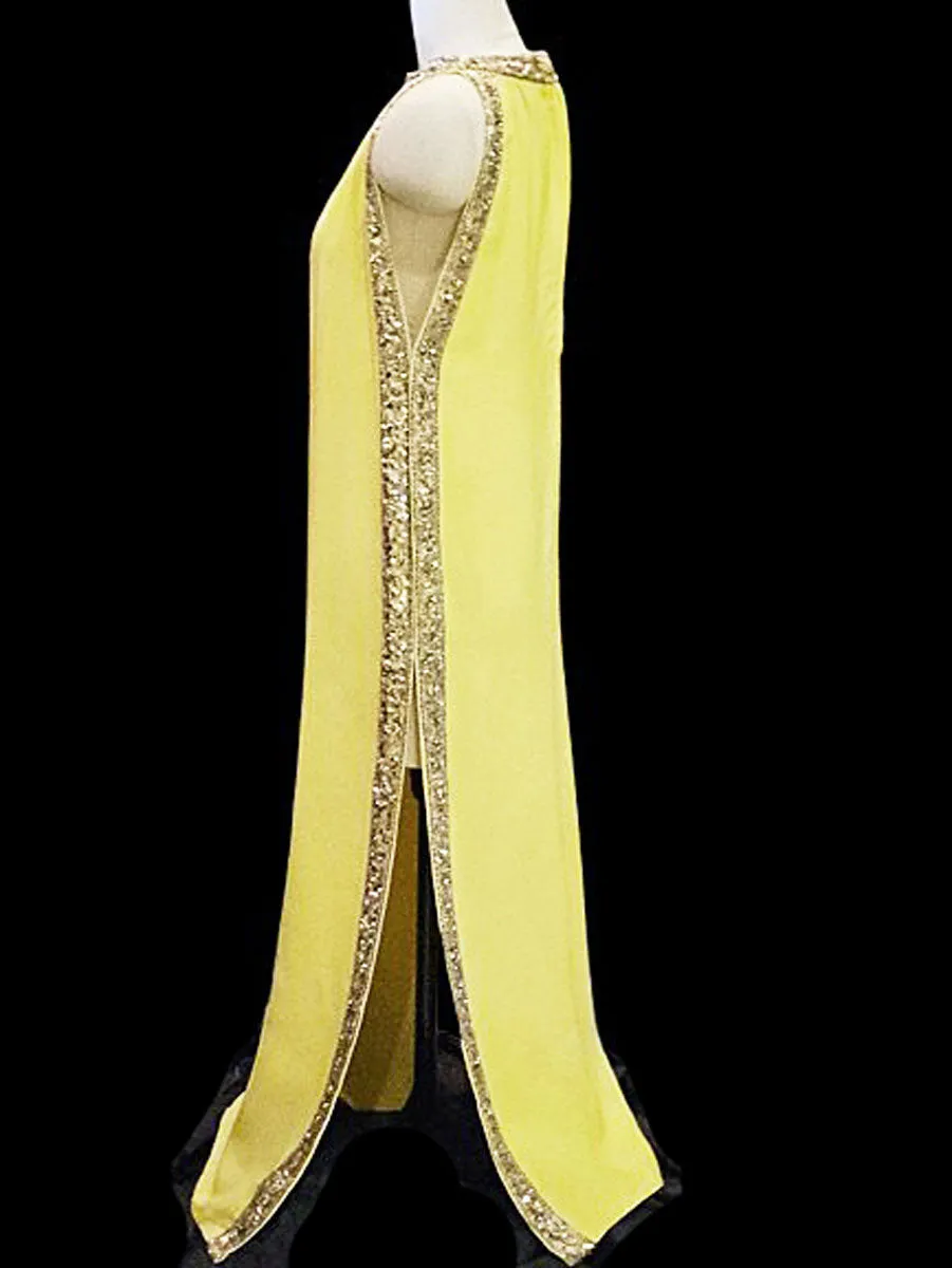 GLAMOROUS 1960 / 1970s NITA CLAIRE GRECIAN EVENING GOWN ENCRUSTED WITH RHINESTONES BEADS SHOT SEQUINS & METAL ZIPPER IN CHARTREUSE