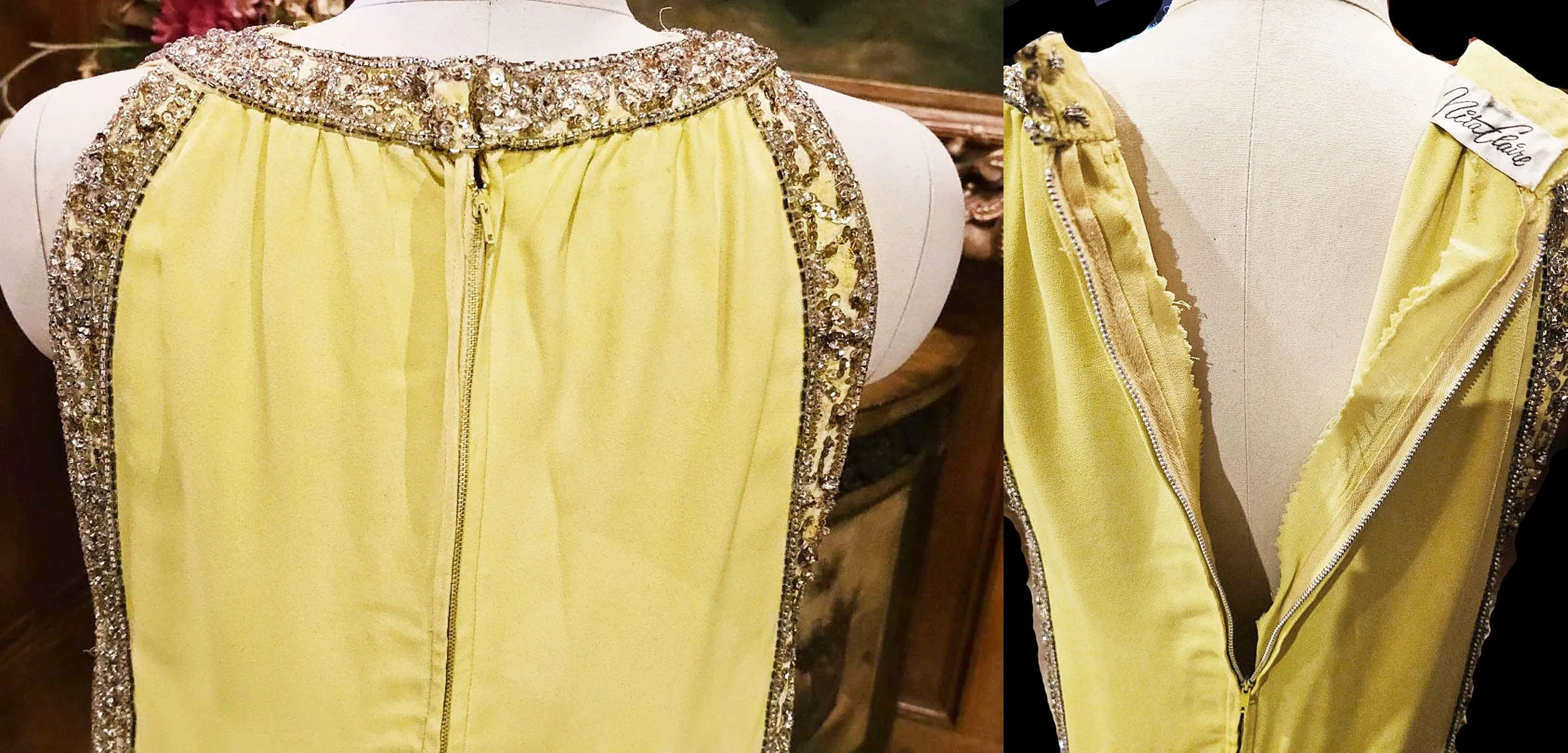 GLAMOROUS 1960 / 1970s NITA CLAIRE GRECIAN EVENING GOWN ENCRUSTED WITH RHINESTONES BEADS SHOT SEQUINS & METAL ZIPPER IN CHARTREUSE