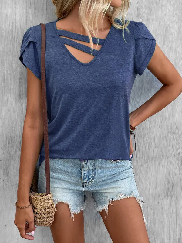 Janet New Ladies Solid Color V-Neck Petal Sleeve Loose T-Shirt