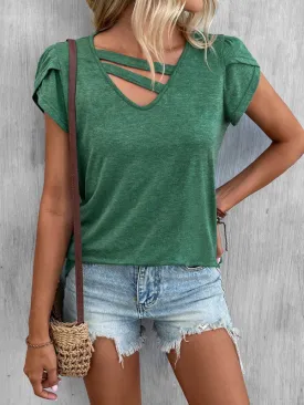 Janet New Ladies Solid Color V-Neck Petal Sleeve Loose T-Shirt