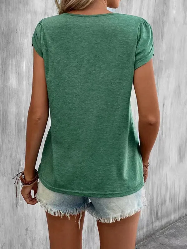 Janet New Ladies Solid Color V-Neck Petal Sleeve Loose T-Shirt