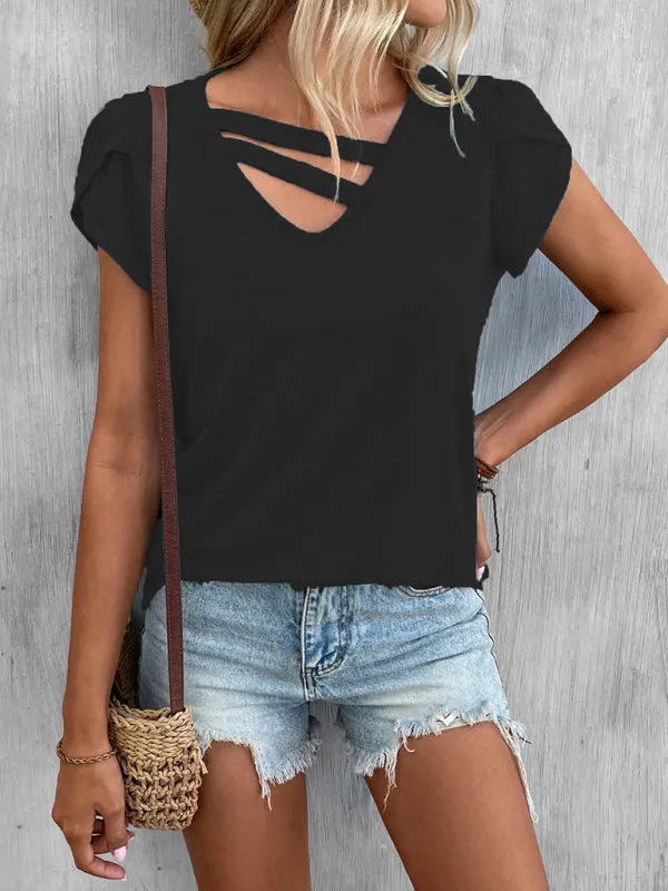 Janet New Ladies Solid Color V-Neck Petal Sleeve Loose T-Shirt