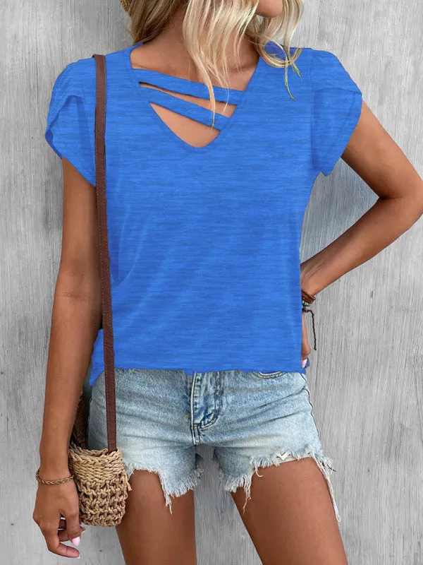 Janet New Ladies Solid Color V-Neck Petal Sleeve Loose T-Shirt