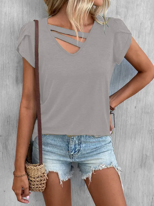Janet New Ladies Solid Color V-Neck Petal Sleeve Loose T-Shirt