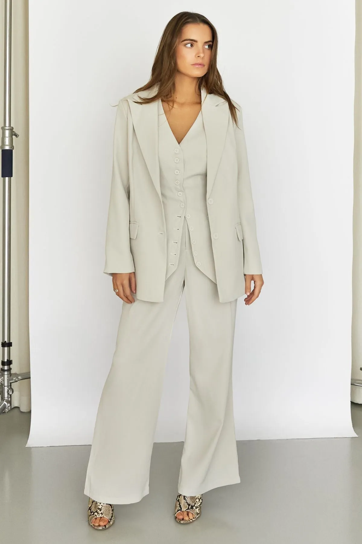 Leanne Pants - Wide Leg Suit Pants - Bone