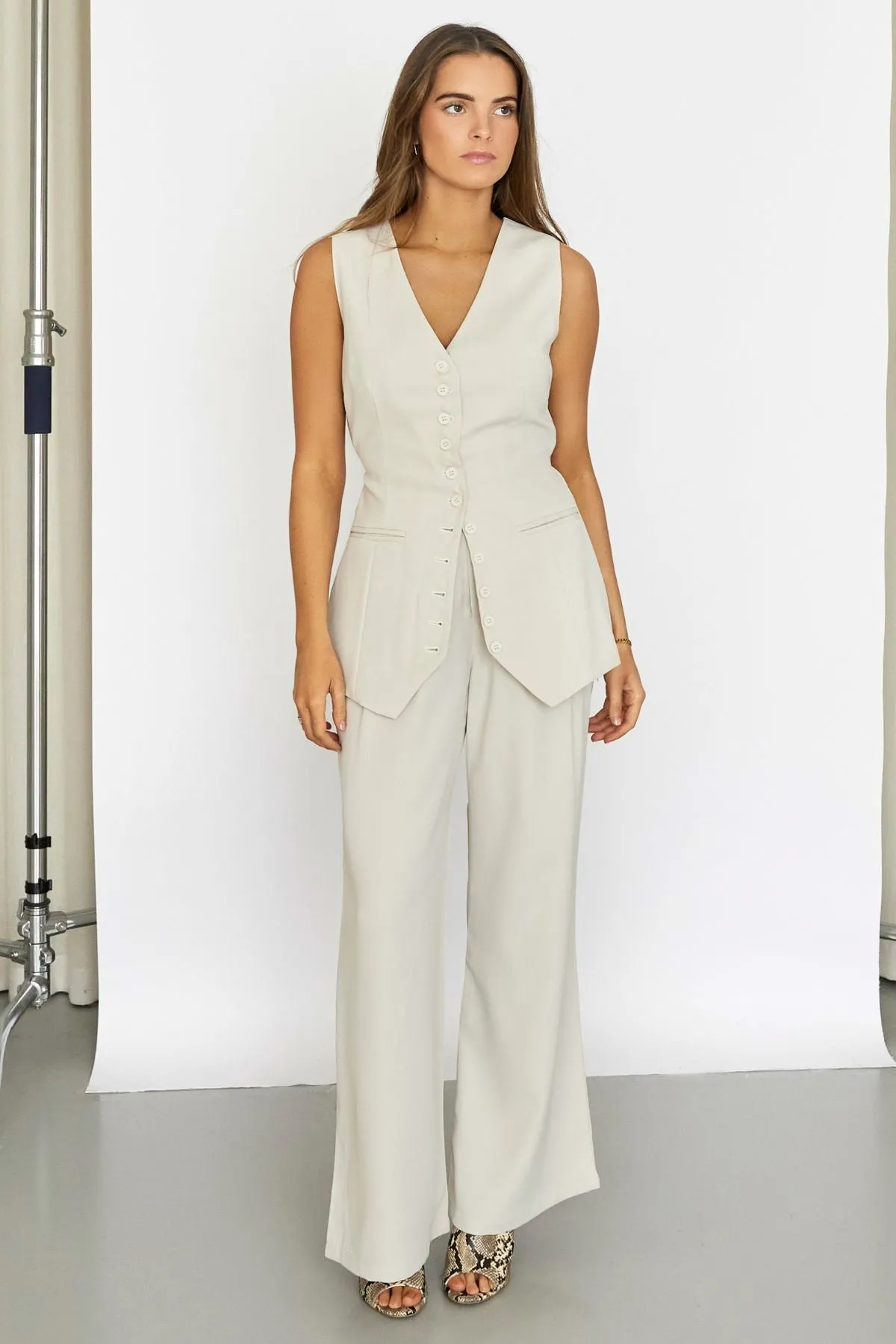 Leanne Pants - Wide Leg Suit Pants - Bone