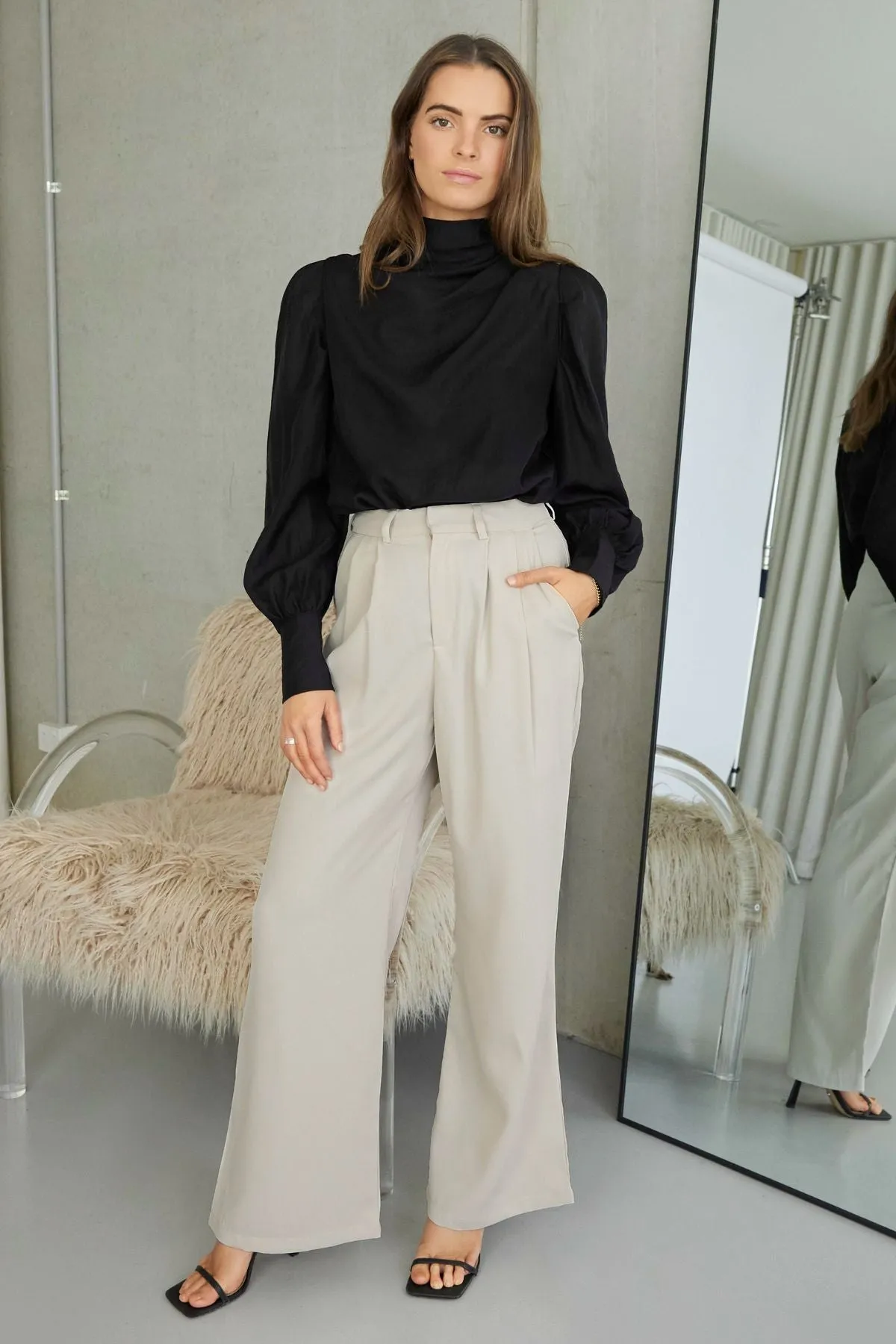 Leanne Pants - Wide Leg Suit Pants - Bone