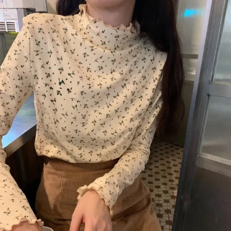 Long Sleeve Floral Pattern Turtleneck Ruffle Shirt