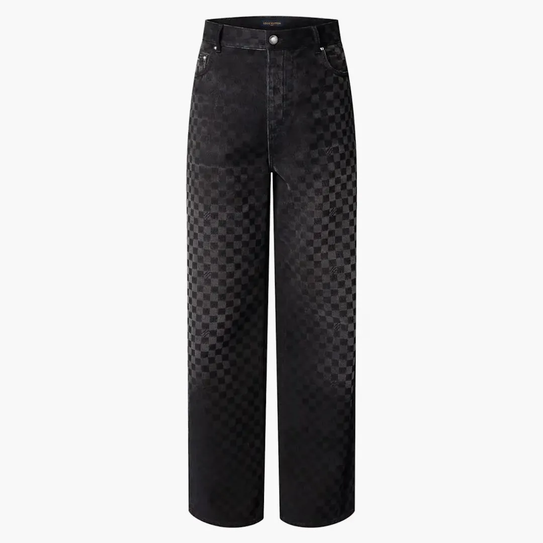 Louis Vuitton Flocked Damier Denim Wide-leg Pants Black