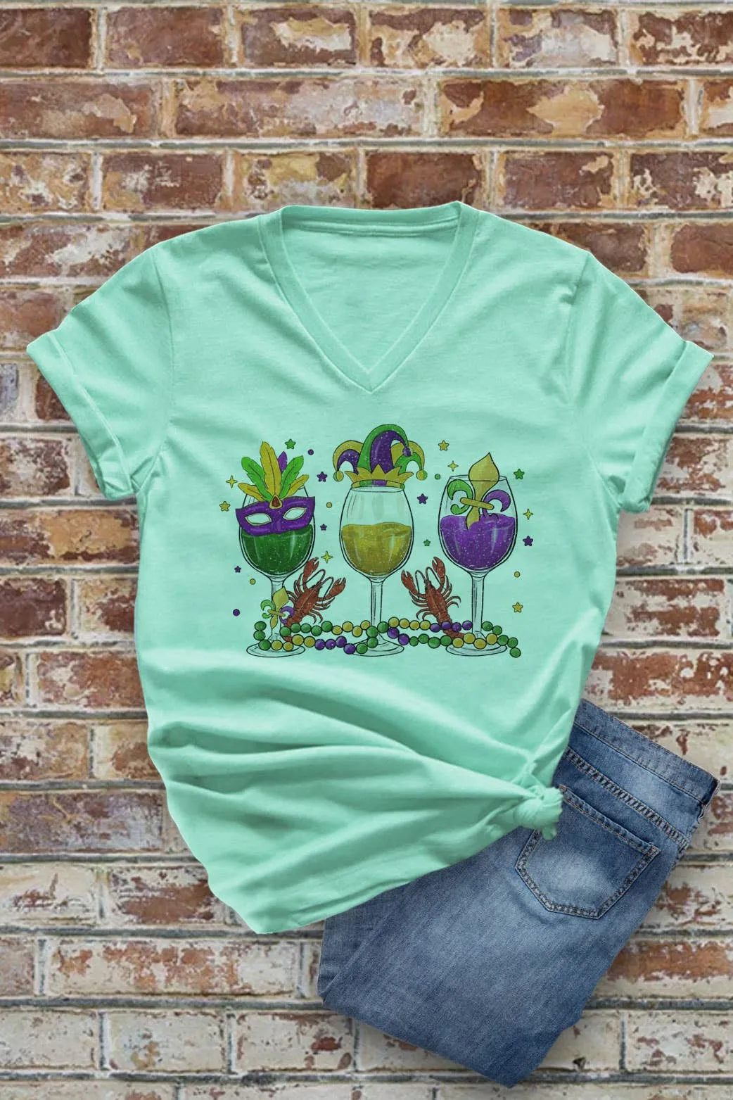 Mardi Gras Wine Glasses, Unisex V-neck T-Shirt