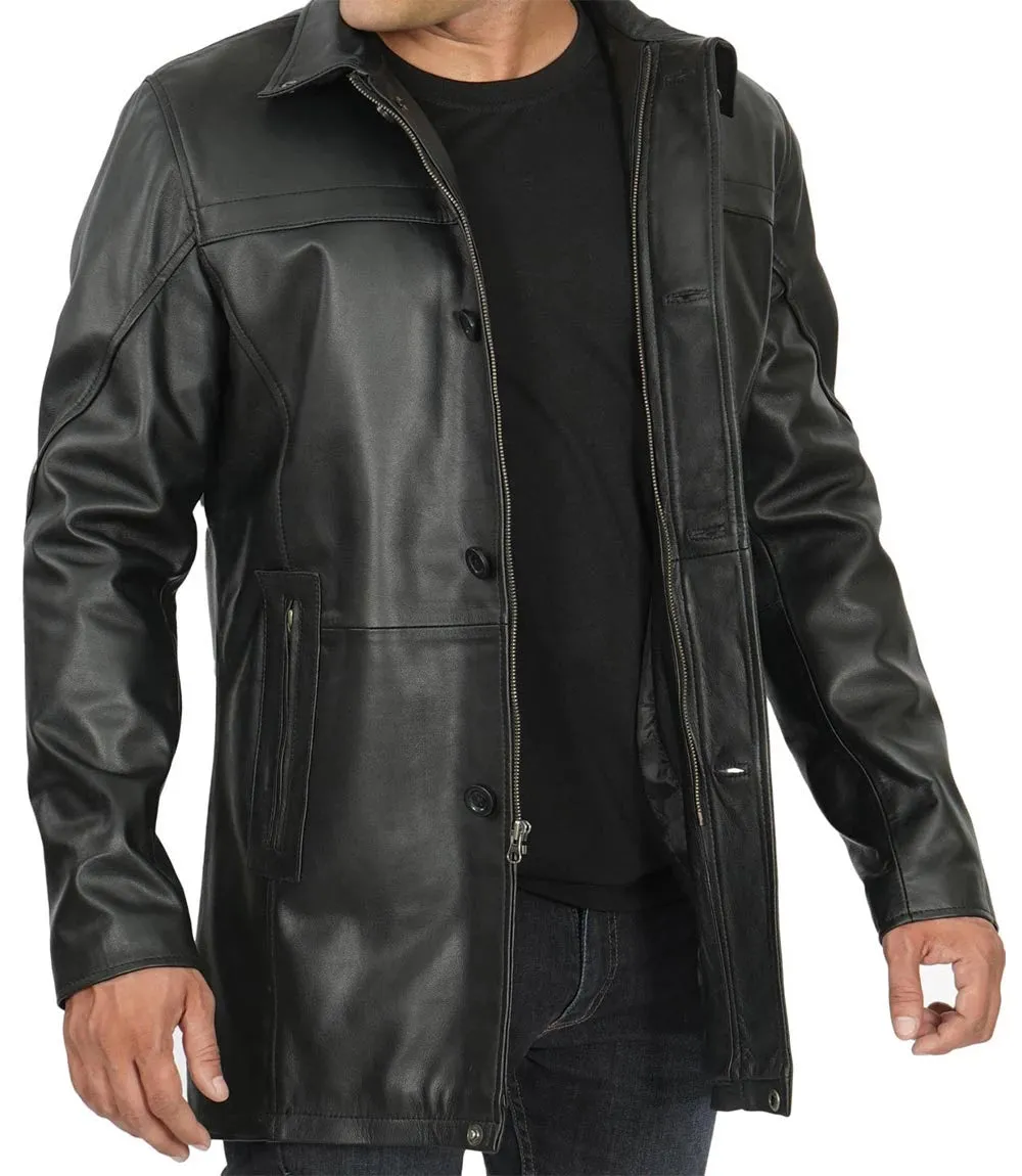 Mens Tall Black Real Leather Car Coat