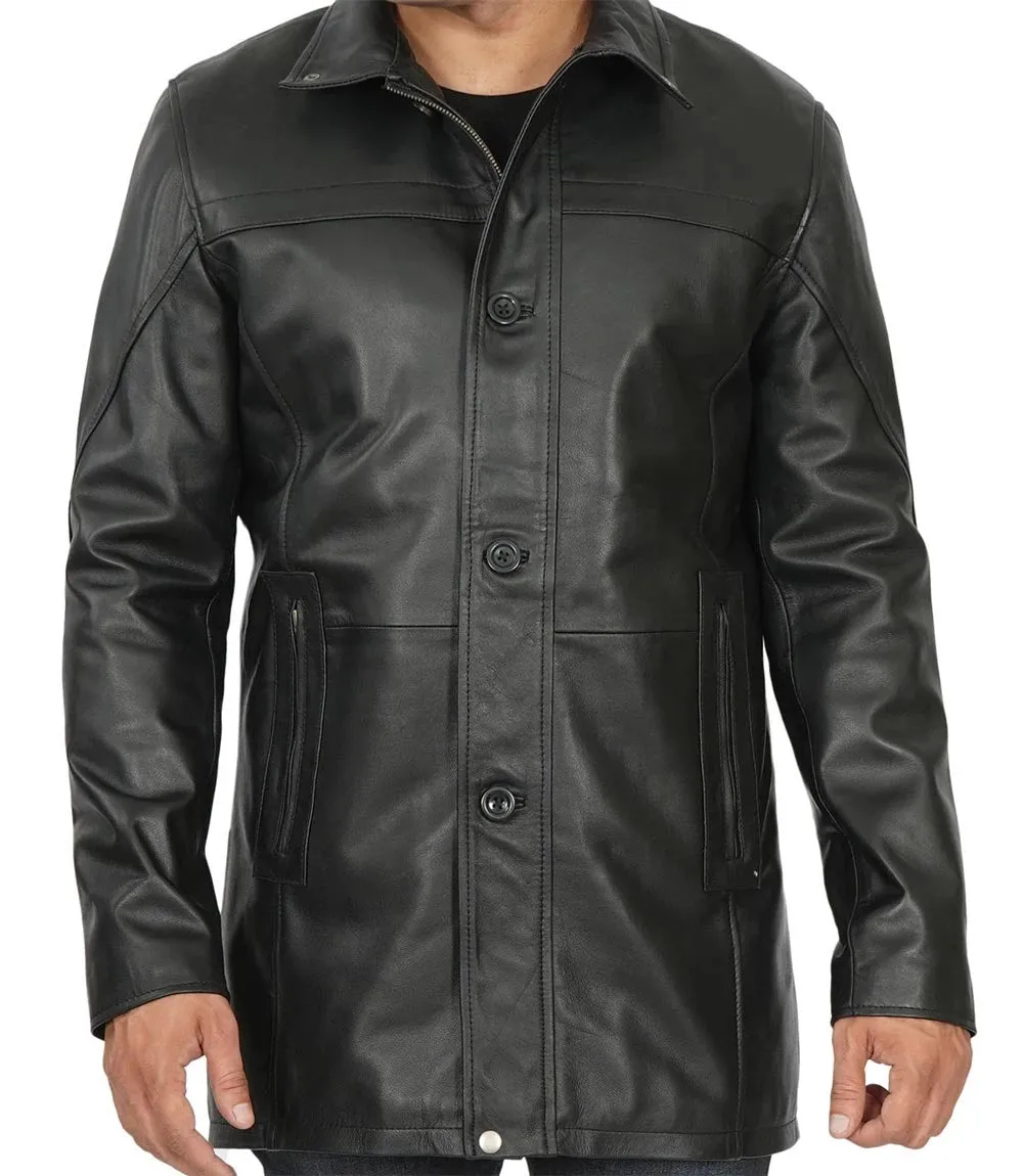 Mens Tall Black Real Leather Car Coat