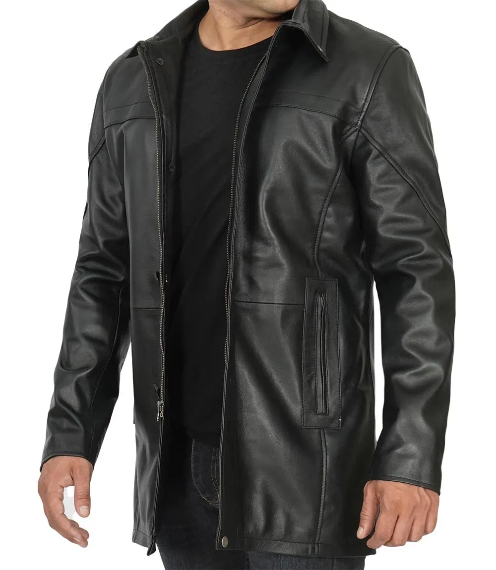 Mens Tall Black Real Leather Car Coat