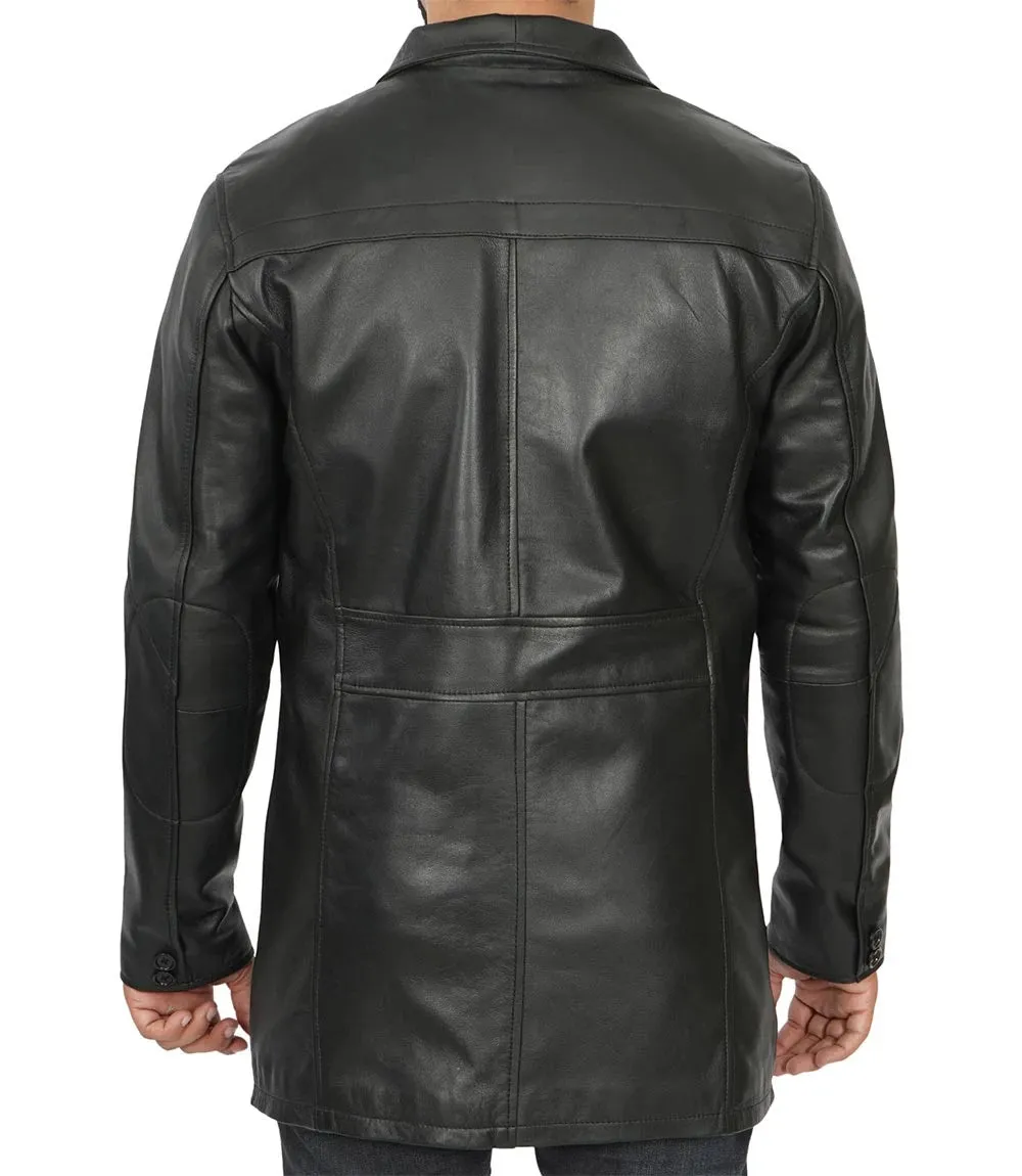 Mens Tall Black Real Leather Car Coat
