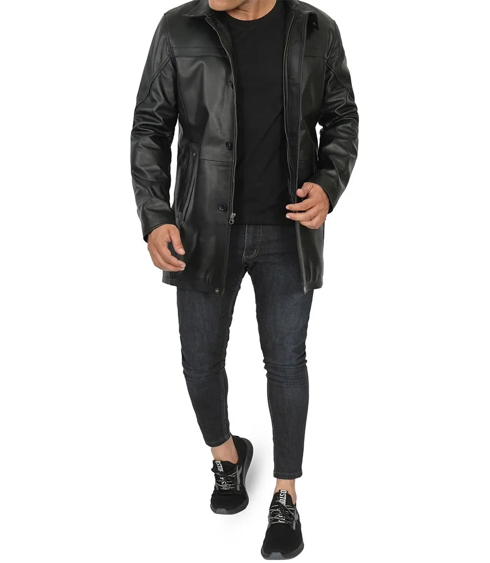 Mens Tall Black Real Leather Car Coat