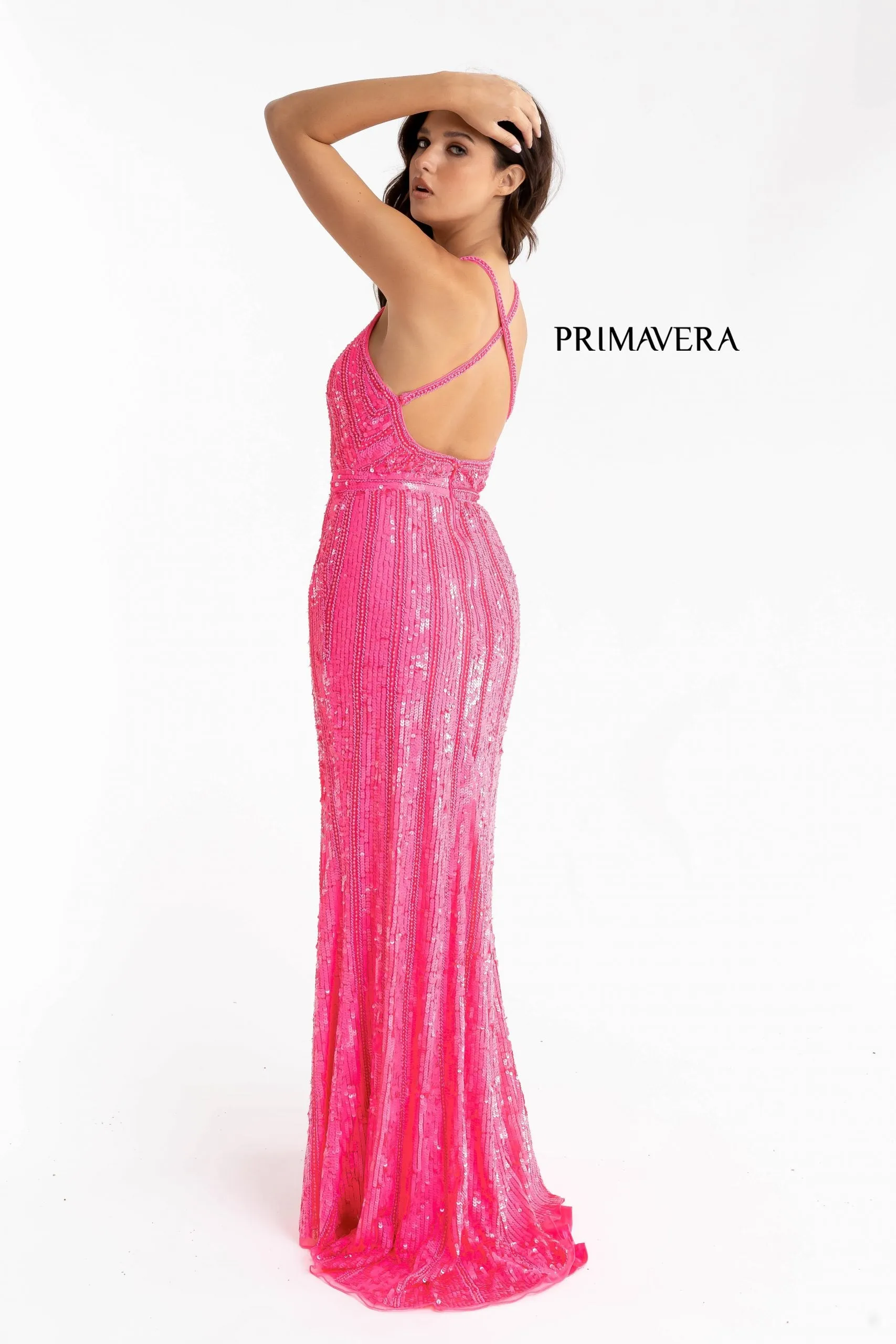 Primavera Couture 3441 Size 4 Pink Prom Dress Sequin Embellished Iridescent V Neckline