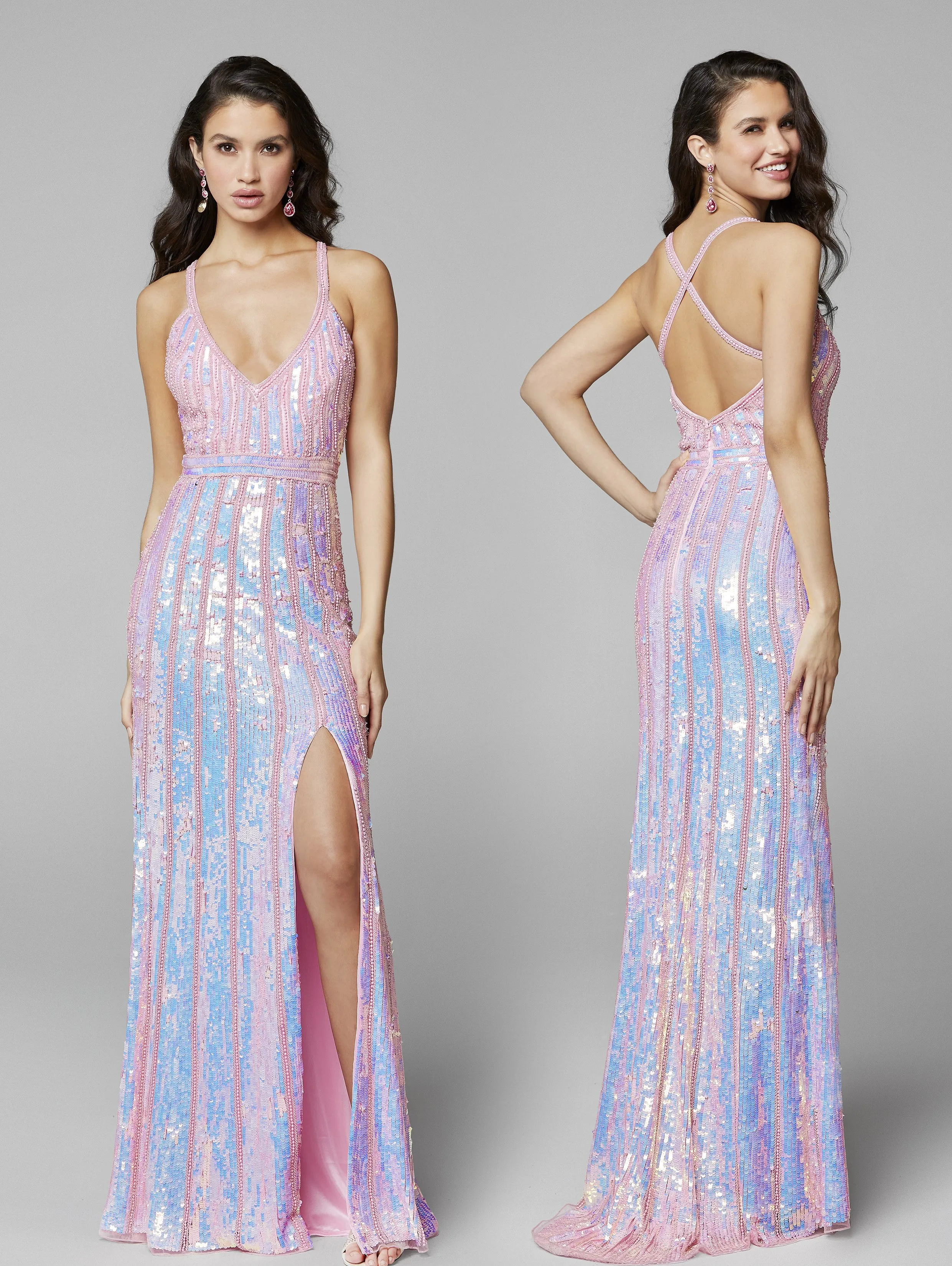 Primavera Couture 3441 Size 4 Pink Prom Dress Sequin Embellished Iridescent V Neckline