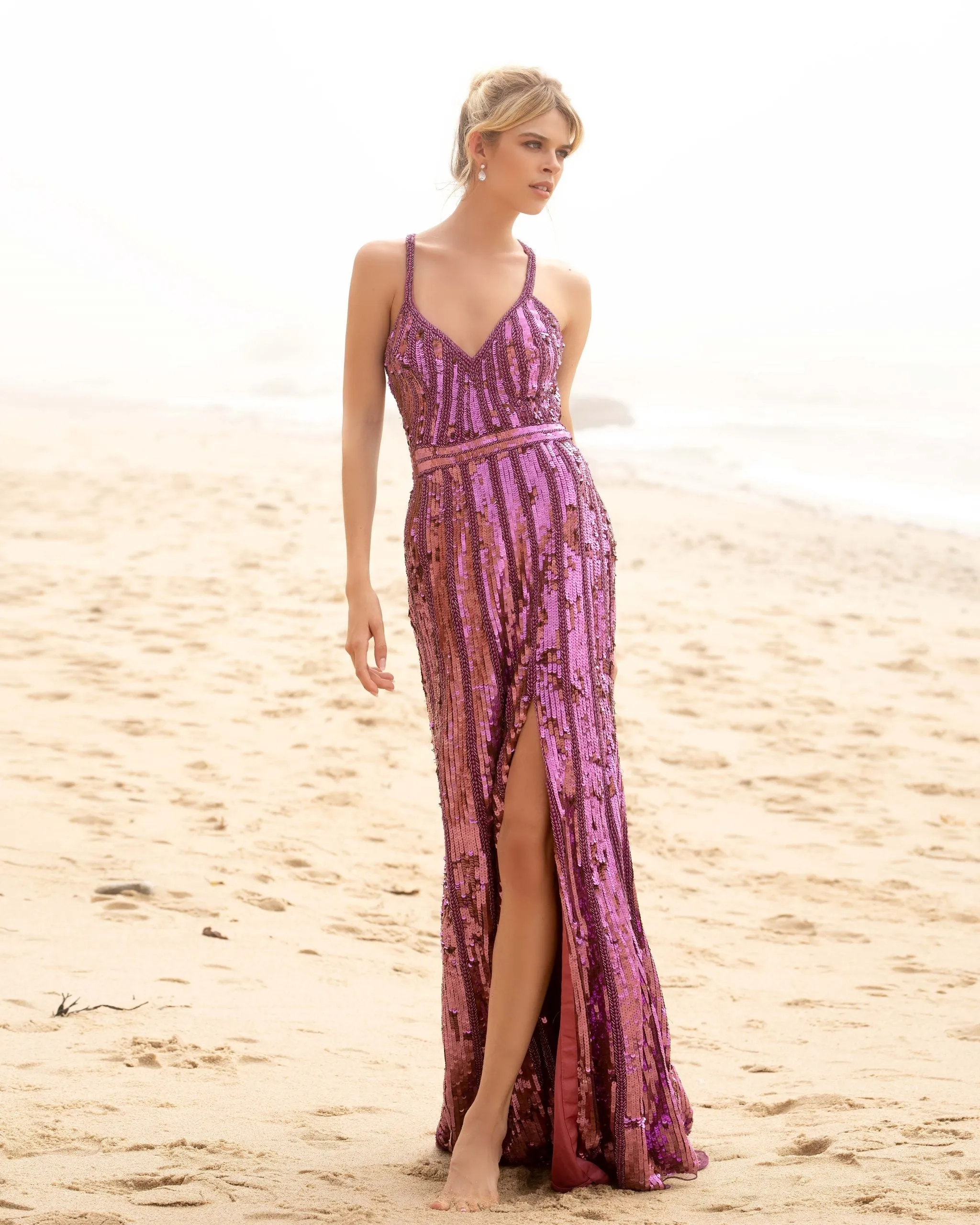 Primavera Couture 3441 Size 4 Pink Prom Dress Sequin Embellished Iridescent V Neckline